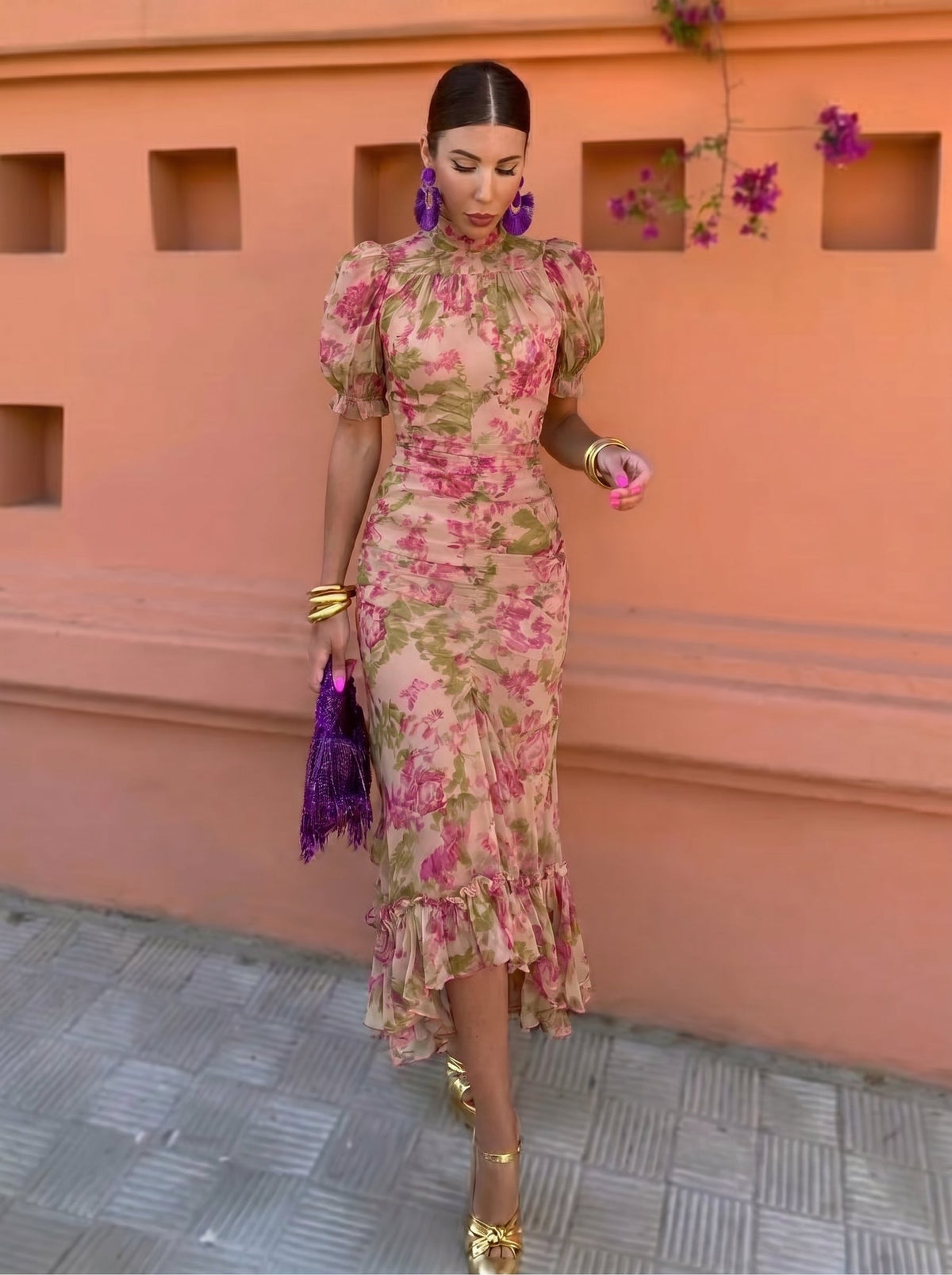 Vestido largo floral rosa para boda - Felicidad Elena Vogue