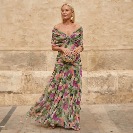 Vestido largo plisado floral multicolor - Ignacia Elena Vogue