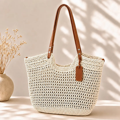 Camelia | Bolsa shopper tejida a mano con ganchillo - Marfil