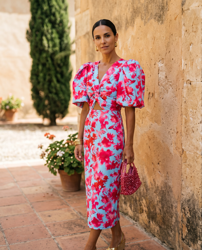 Carla™ | Vestido Midi Floral con Mangas Abullonadas