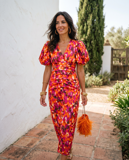 Carla™ | Vestido Midi Floral con Mangas Abullonadas