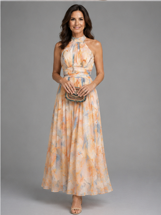 Aurora | Vestido con escote halter y estampado de acuarela