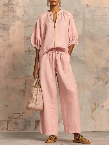 Alba | Conjunto de dos piezas en lino y algodón: Camisa de estilo relajado y pantalón de pernera ancha
