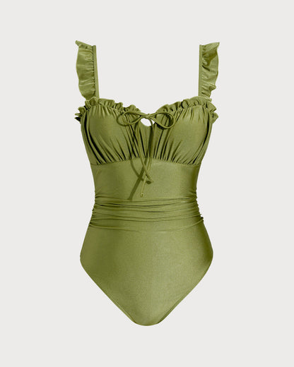 Bañador de una pieza tipo bralette con fruncidos en verde