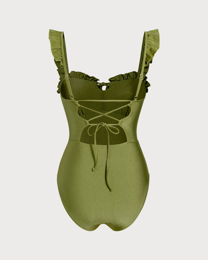 Bañador de una pieza tipo bralette con fruncidos en verde