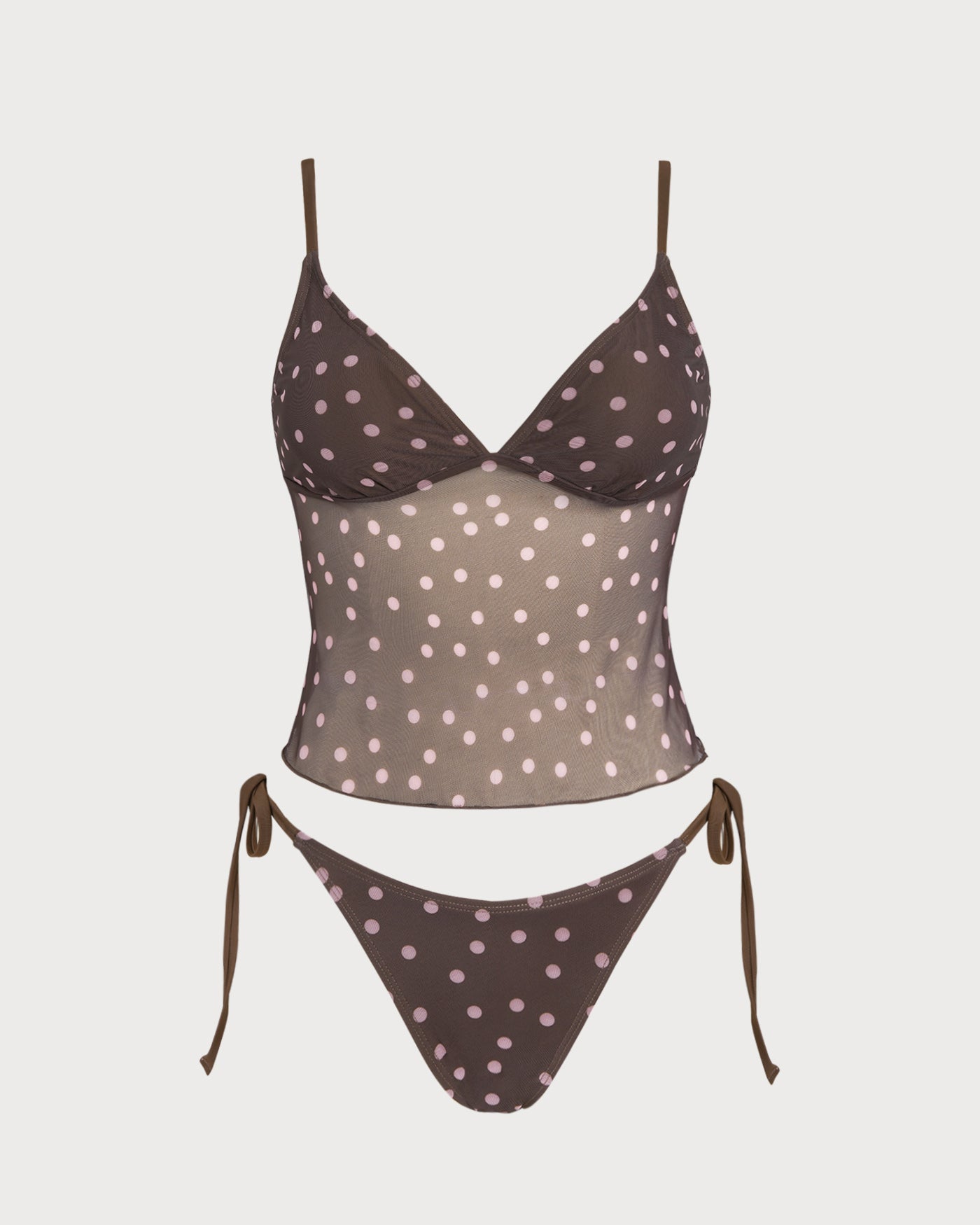 Conjunto de tankini con cuello en V y lunares en color café