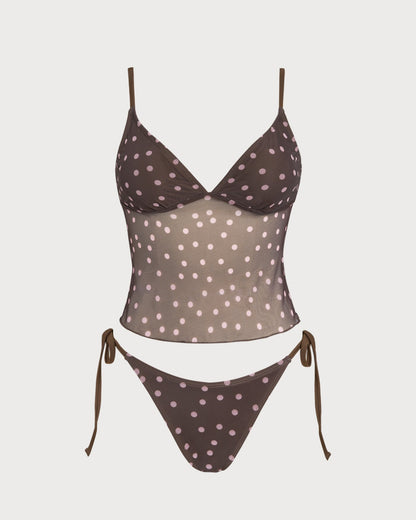 Conjunto de tankini con cuello en V y lunares en color café