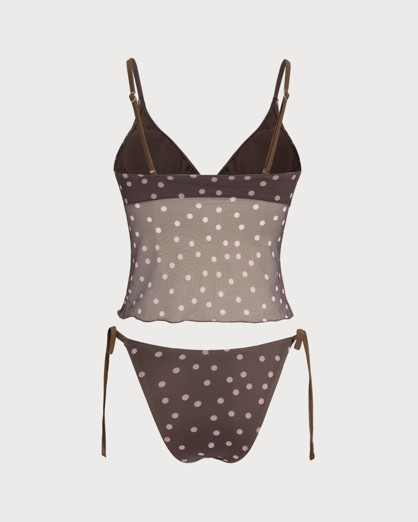 Conjunto de tankini con cuello en V y lunares en color café