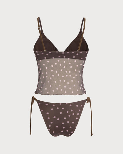 Conjunto de tankini con cuello en V y lunares en color café