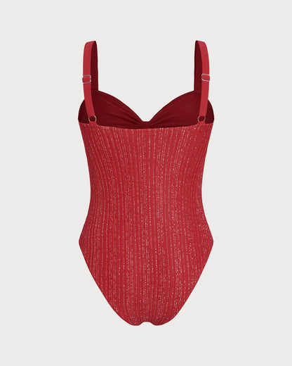 Bañador de una pieza tipo bralette con cuello en V rojo