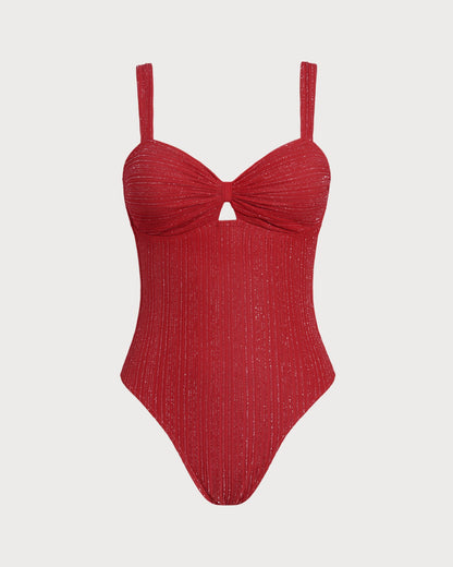 Bañador de una pieza tipo bralette con cuello en V rojo
