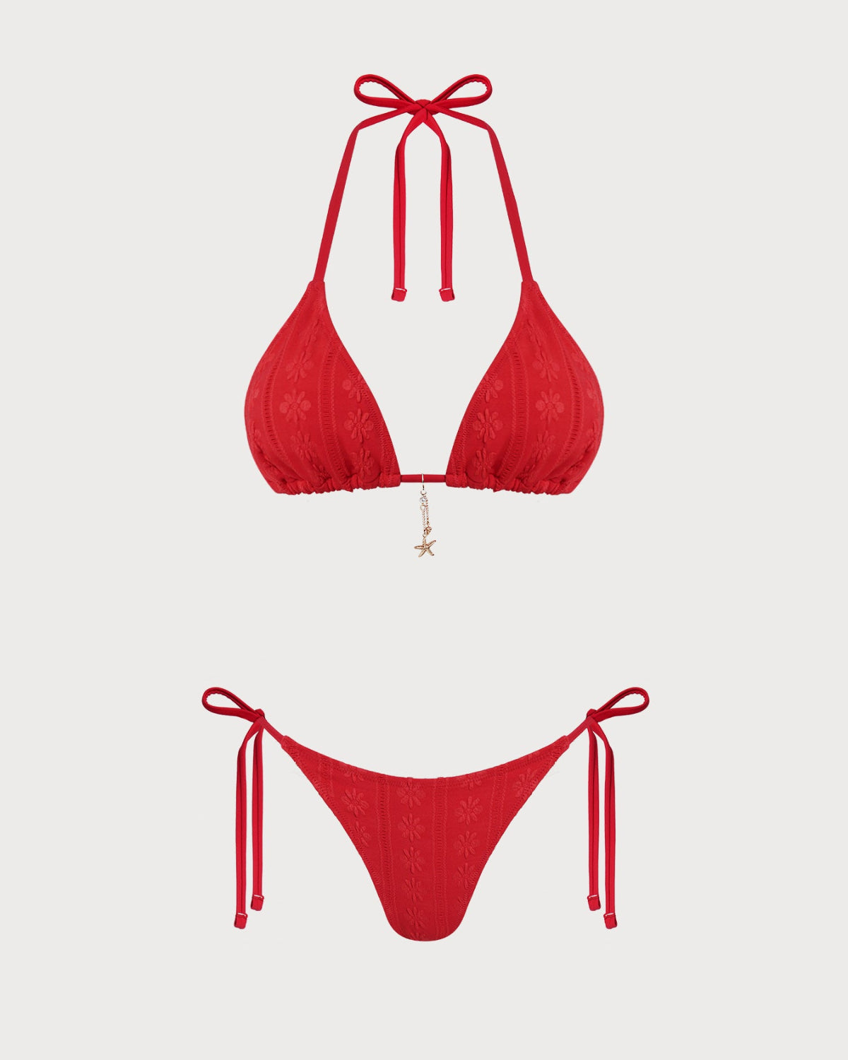 Conjunto de bikini rojo con cuello halter y cordones