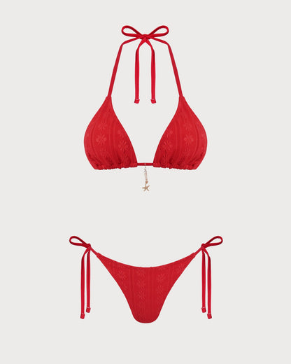 Conjunto de bikini rojo con cuello halter y cordones