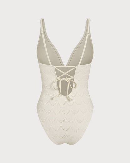 Bañador de una pieza con textura y bralette en color blanco roto